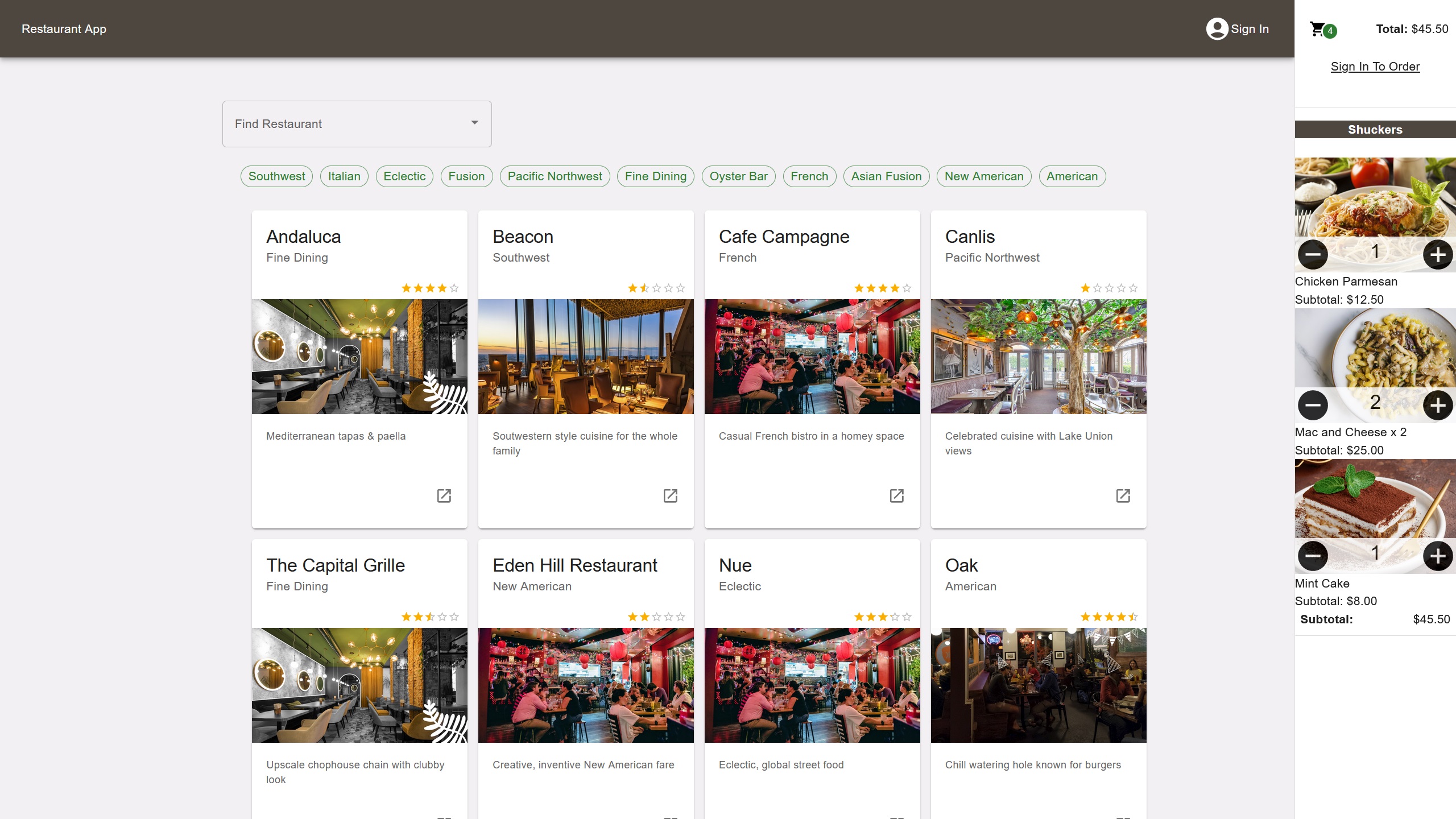 Restaurant app landing page